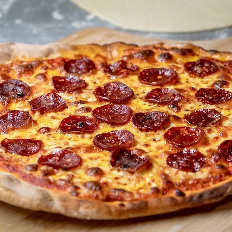 Pepperoni pizza with melted cheese and a crisp crust rests on a wooden pizza board.