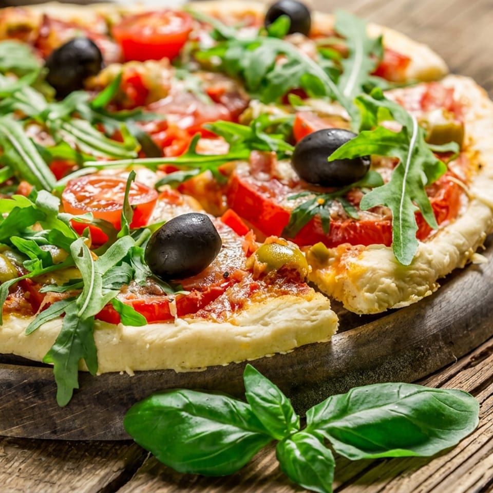 Vegetable pizza topped with tomatoes, arugula, black and green olives, served on a wooden board with basil garnish.