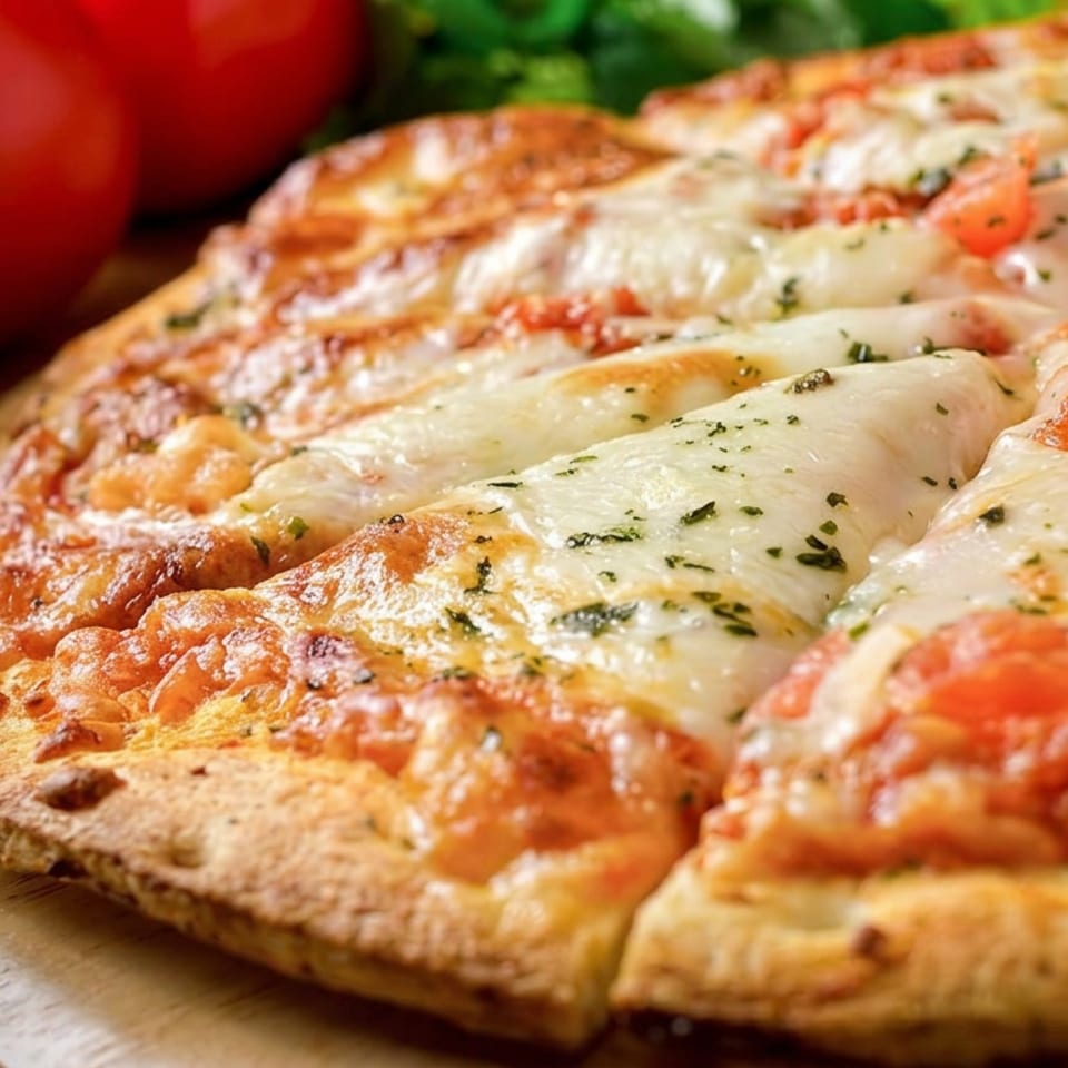 Close-up of a cheesy tomato pizza topped with herbs, served on a wooden board beside olive oil and fresh tomatoes.