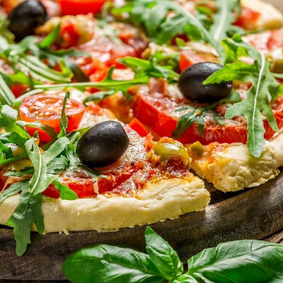 Close-up of a rustic vegetable pizza topped with tomatoes, arugula, black olives, green olives, and basil on a wooden board.