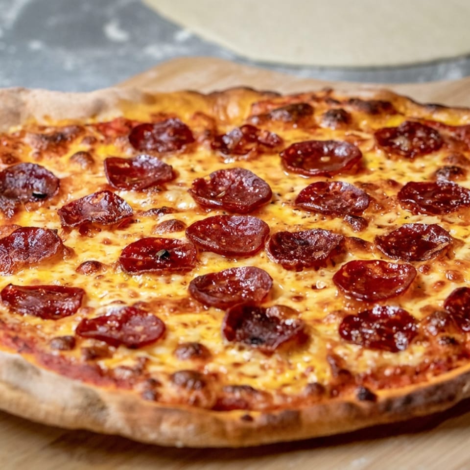 Pepperoni pizza with melted cheese and a golden crust rests on a wooden pizza peel dusted with flour.