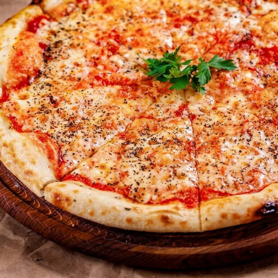 Cheese pizza topped with tomato sauce, herbs, and parsley, served on a rustic wooden board.