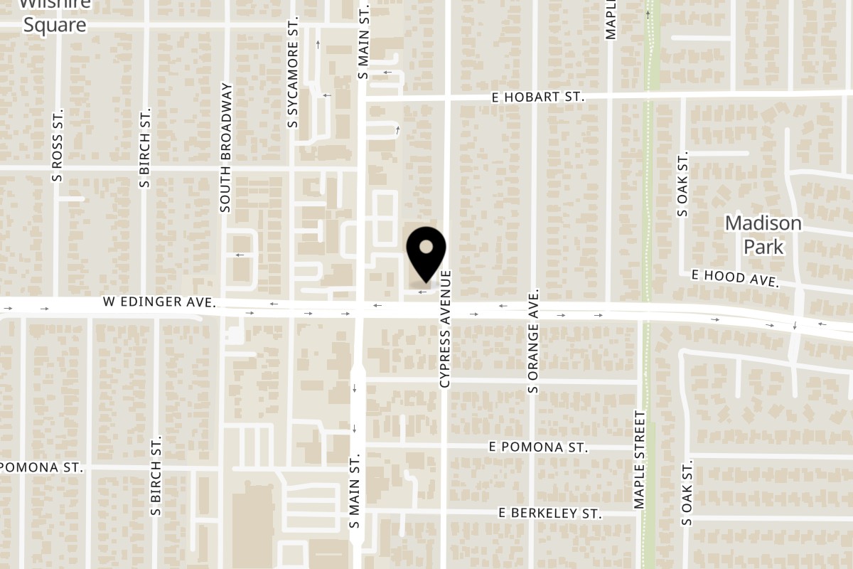 Map showing the location of Pizza Trio on 1473 S Main St in Santa Ana